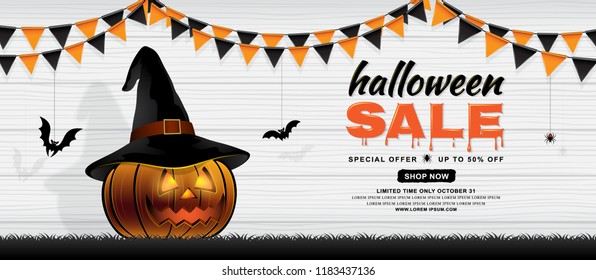 happy halloween sale trick or treat banner template pumpkin with witch hat, bats, flags and spider web on white wooden background decoration for poster, web, flyer, coupon and card vector illustration