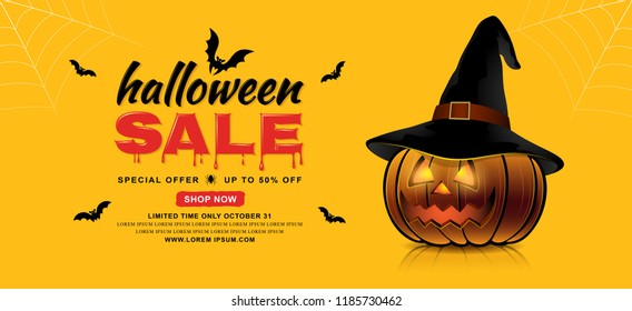 happy halloween sale trick or treat banner template pumpkin with witch hat, bats and spider web on yellow background decoration for poster, web, coupon, flyer and card vector illustration