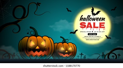 happy halloween sale trick or treat banner template pumpkins, bats, haunted tree and full moon on dark night background decoration for poster, web, flyer, coupon and card vector illustration