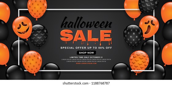 Happy halloween sale trick or treat banner template balloons ghost, frame, bats and spider web on black background decoration for poster, flyer, voucher, web and card vector illustration