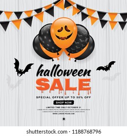 Happy halloween sale trick or treat banner template balloons ghost, flags, bats and spider web on white wooden background decoration for poster, flyer, voucher, web and card vector illustration