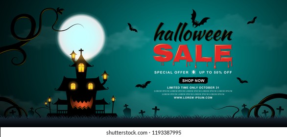 happy halloween sale trick or treat banner template haunted house, bats, haunted tree and full moon on dark night background decoration for poster, web, flyer, coupon and card vector illustration