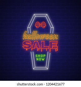 Happy halloween sale trick or treat coffin neon lights banner sign on black brick wall background decoration for neon sign, light banner, bright signboard vector illustration