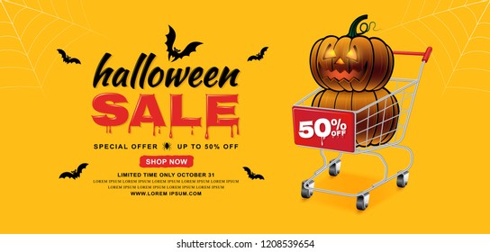 happy halloween sale trick or treat banner template shopping cart with pumpkins, bats and spider web on yellow background decoration for poster, web, coupon, flyer and card vector illustration