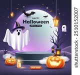 Happy Halloween sale, two overlapping podiums, pumpkin, ghosts, candle, and bat flying, poster flyer design on dark purple background, Eps 10 vector illustration