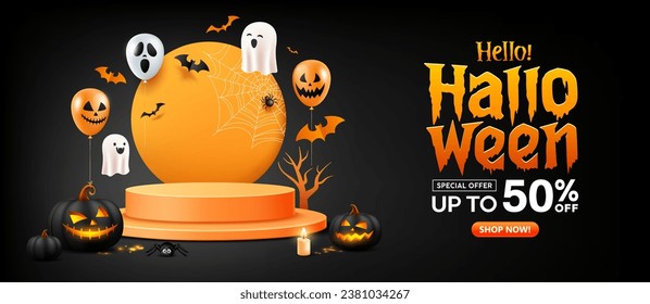 Happy Halloween sale, two podiums overlapped, black pumpkins, colorful balloon, bat flying, spider web banner design on black background, Eps 10 vector illustration
