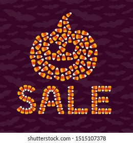 Happy Halloween sale typography poster. Holiday advertisement lettering. Candy corn text effect. Trick or treat background. Jack o lantern pumpkin silhouette. Vector illustration.