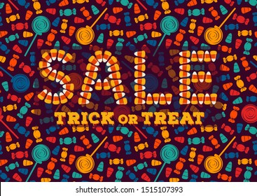 Happy Halloween sale typography poster. Holiday advertisement lettering. Candy corn text effect. Trick or treat background. Traditional sweets pattern. Vector illustration.