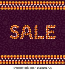 Happy Halloween sale typography poster. Holiday advertisement lettering. Candy corn text effect. Trick or treat background. Traditional sweets pattern. Vector illustration.