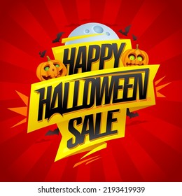 Happy Halloween sale, vector advertising card design with cartoon pumpkins, moon and golden ribbon against bright red backdrop
