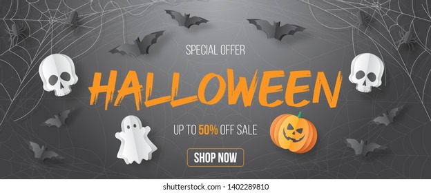 Happy Halloween sale vector banner. Paper cut style. Vector illusration