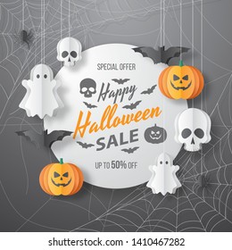 Happy Halloween sale vector banner. Paper cut style. Vector illusration