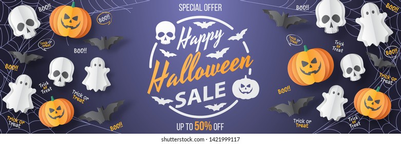 Happy Halloween sale vector banner. Paper cut style. Vector illusration