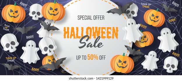 Happy Halloween sale vector banner. Paper cut style. Vector illusration