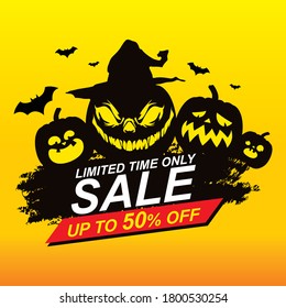 Happy Halloween Sale vector banner or sticker design template with leaves and pumpkin