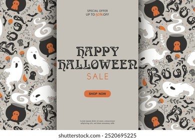 Happy Halloween sale vector banner template with cute ghosts, witch cauldrons, bats and skulls pattern isolated on grey background. Illustration for poster, advertising, flyer, invitation, card