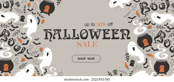 Happy Halloween sale vector banner template with cute ghosts, witch cauldrons, bats and skulls pattern isolated on grey background. Design for advertising, flyer, invitation, card, poster