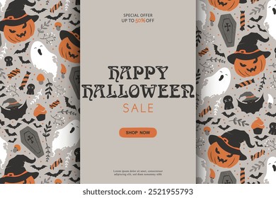 Happy Halloween sale vector banner template with cute pumpkins in witch hat, ghost, sweets, bats, skulls pattern isolated on grey background. Illustration for poster, advertising, flyer, card