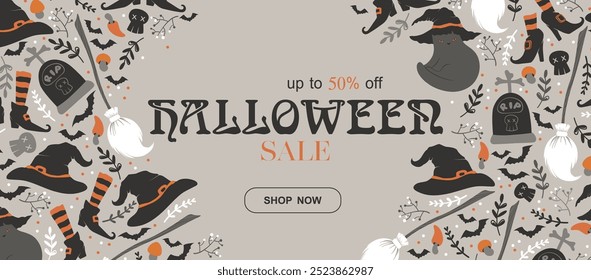 Happy Halloween sale vector banner template with cute cats, witch hats, shoes, bats and skulls pattern isolated on grey background. Design for advertising, flyer, invitation, card, poster