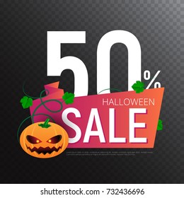 Happy Halloween Sale vector banner or sticker design template with leaves and pumpkin. Great for design your web site or print publications