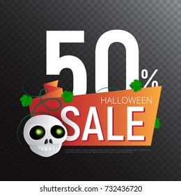 Happy Halloween Sale vector banner or sticker design template with leaves and skull. Great for design your web site or print publications