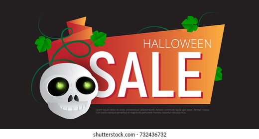 Happy Halloween Sale vector banner or sticker design template with leaves and skull. Great for design your web site or print publications