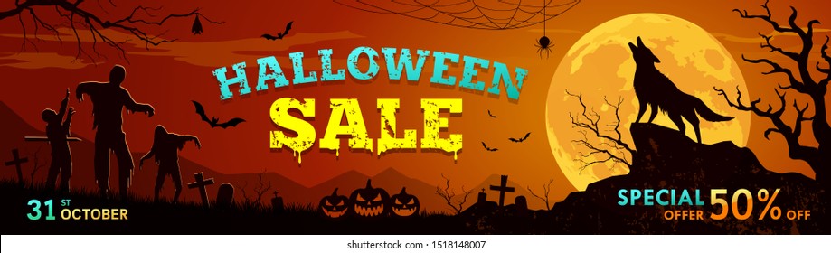 Happy Halloween sale vector, howling wolf on the moon rough surface design background, illustration