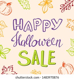 Happy Halloween sale, vector illustration. Banner template for seasonal discounts.