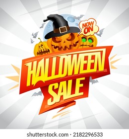 Happy Halloween sale vector web banner design template with evil pumpkins and golden lettering