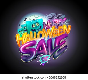 Happy halloween sale web banner vector template with funny shopper bags personages and shiny 3D lettering, full moon and bats on a background