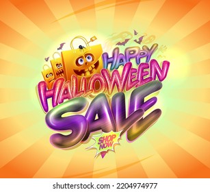 Happy halloween sale web banner vector template with funny shopper bags personages and shiny 3D lettering