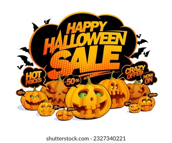 Happy halloween sale web banner with talking about discounts pumpkins crowd