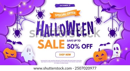 Happy Halloween sale web banner, paper cut style. Colorful poster with cute ghosts, pumpkin, clouds, spiders and bats. Vector design template for promo, advertising, social media, web. Shop now button