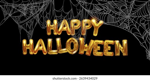Happy Halloween sale,Foil balloon letters, gold on a dark spider web background, flyer poster design on a black background, signage