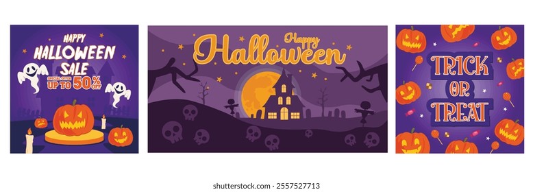 Happy Halloween Sales Promotion. Haunted House and Full Moon. Pumpkins and Candy. Set flat vector modern illustration 