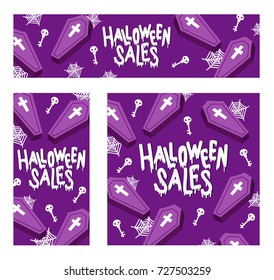 Happy Halloween Sales. The trend calligraphy. Vector illustration with coffin X cross with skull key and spiderweb