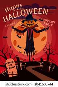 Happy Halloween Scarecrow character at the cemetery with a Jack O Lantern head pumpkin in ripped coat. Isolated on white background cartoon style