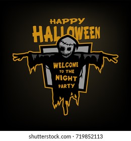 Happy halloween. Scarecrow with a place for text on a dark background.