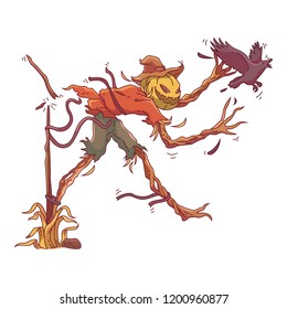 Happy Halloween. Halloween Scarecrow, Pumpkin and Bird. Vector illustration in a cartoon style,isolated on white background. Elements for your Halloween. Vector illustration in flat design. 