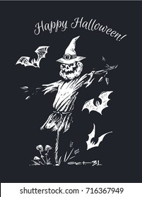 Happy Halloween! Scarecrow with pumpkin head in witch hat. Hand-drawn white chalk on blackboard. Isolated vector for greeting cards & decoration black walls