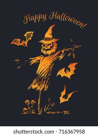 Happy Halloween! Scarecrow with pumpkin head in witch hat. Orange silhouettes on black background. Isolated vector for greeting cards & decoration black walls