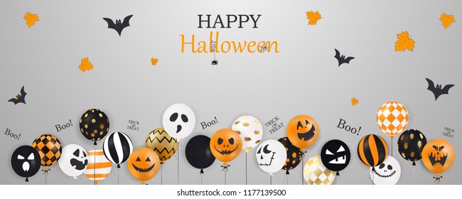 Happy Halloween. Scary air balloons. Holiday concept with halloween glitter confetti ghost balloons with funny faces, autumn leaves for banner, website, poster, greeting card, party invitation. vector
