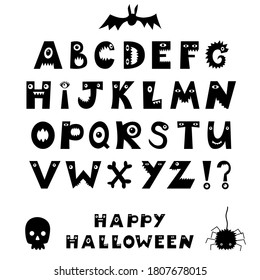 Happy Halloween scary alphabet. Spooky font, letters with teeth and eyes. Handwritten script for holiday posters, banners. Hand drawn lettering. Vector typography isolated on white. Skull, spider, bat