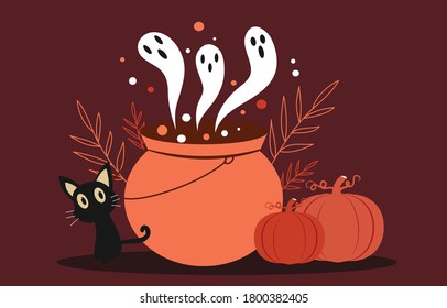Happy halloween scary background. Halloween party or banner invitation with cats, ghost and pumpkins. Horror scary illustration. Vector