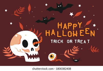 Happy halloween scary background. Halloween party or banner invitation with bats and skull. Horror scary illustration. Vector