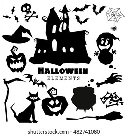 Happy Halloween scary black silhouettes. Vector holiday set of spooky cartoon illustrations. Pumpkin, bat, ghost, witch hat, cat, spider, skull, bone, boiler, castle, moon, broom. Trick or treat