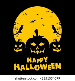 Happy halloween scary black and yellow with pumpkin card design.