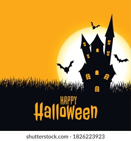 Happy halloween scary card castle with moon and bats