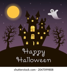 Happy Halloween and scary castle with ghost. Night landscape with trees, full moon and stars.