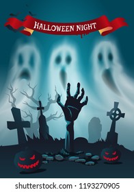 Happy Halloween scary cemetery poster with text on ribbon vector. Apparitions and hand of zombie from grave. Graveyard with ghosts and dry trees